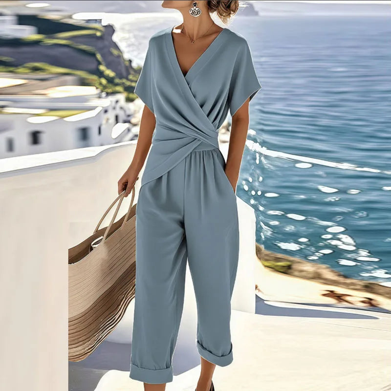 Wrap Front Top and Cropped Trouser Two Piece Set