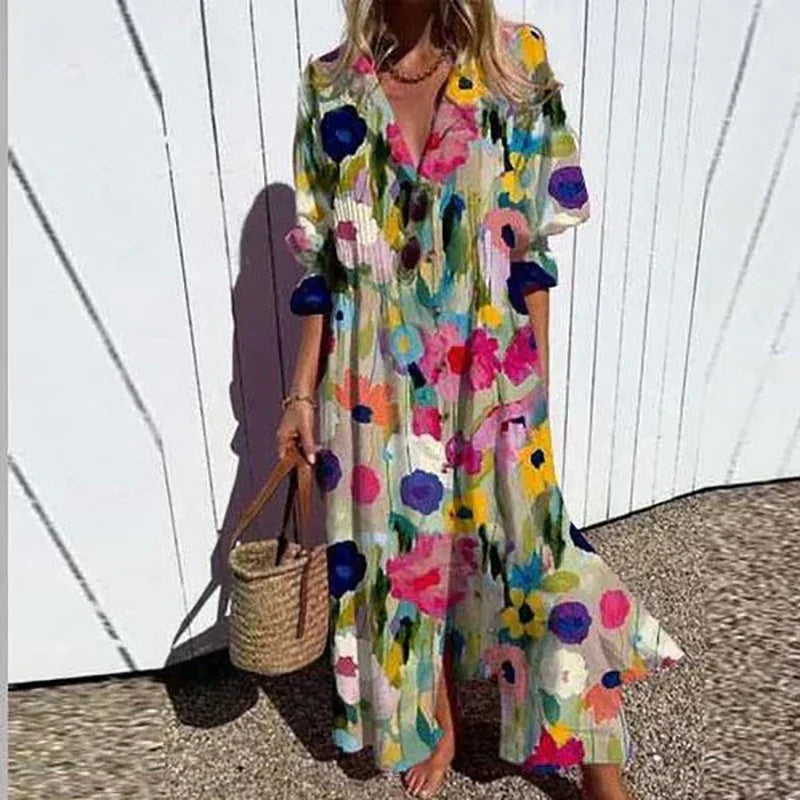 Floral V-Neck Maxi Dress With Long Sleeves