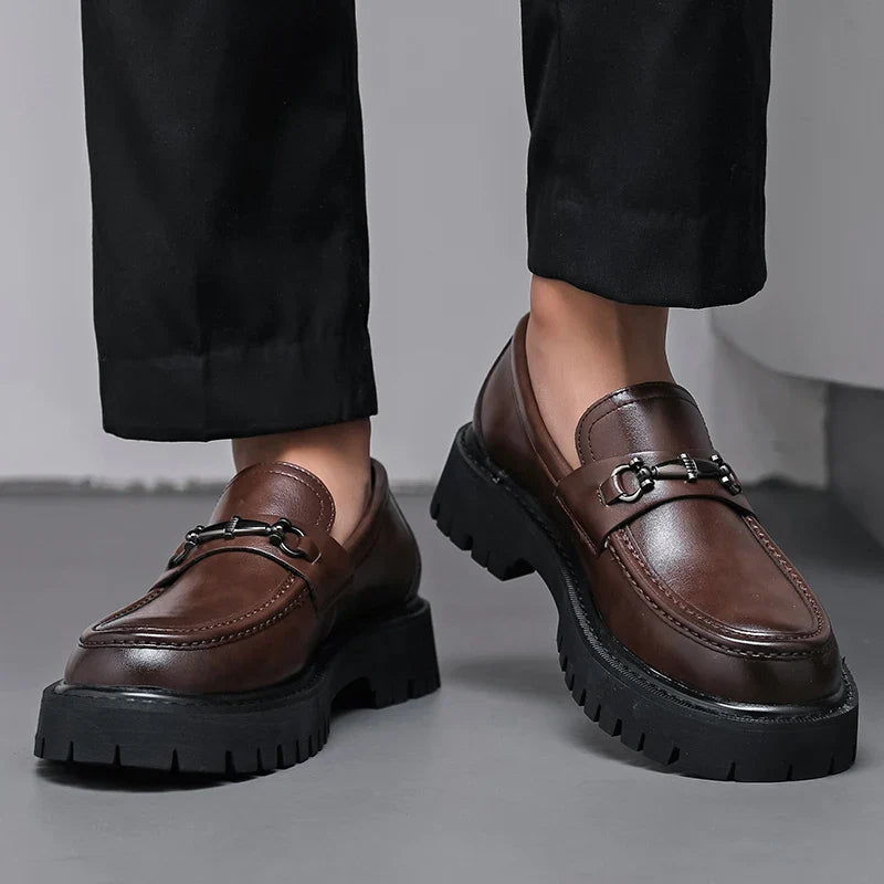 Men's Leather Loafers with Metal Buckle