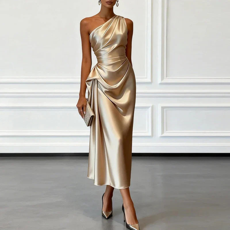 Asymmetric Neckline Satin Midi Dress for Special Occasions