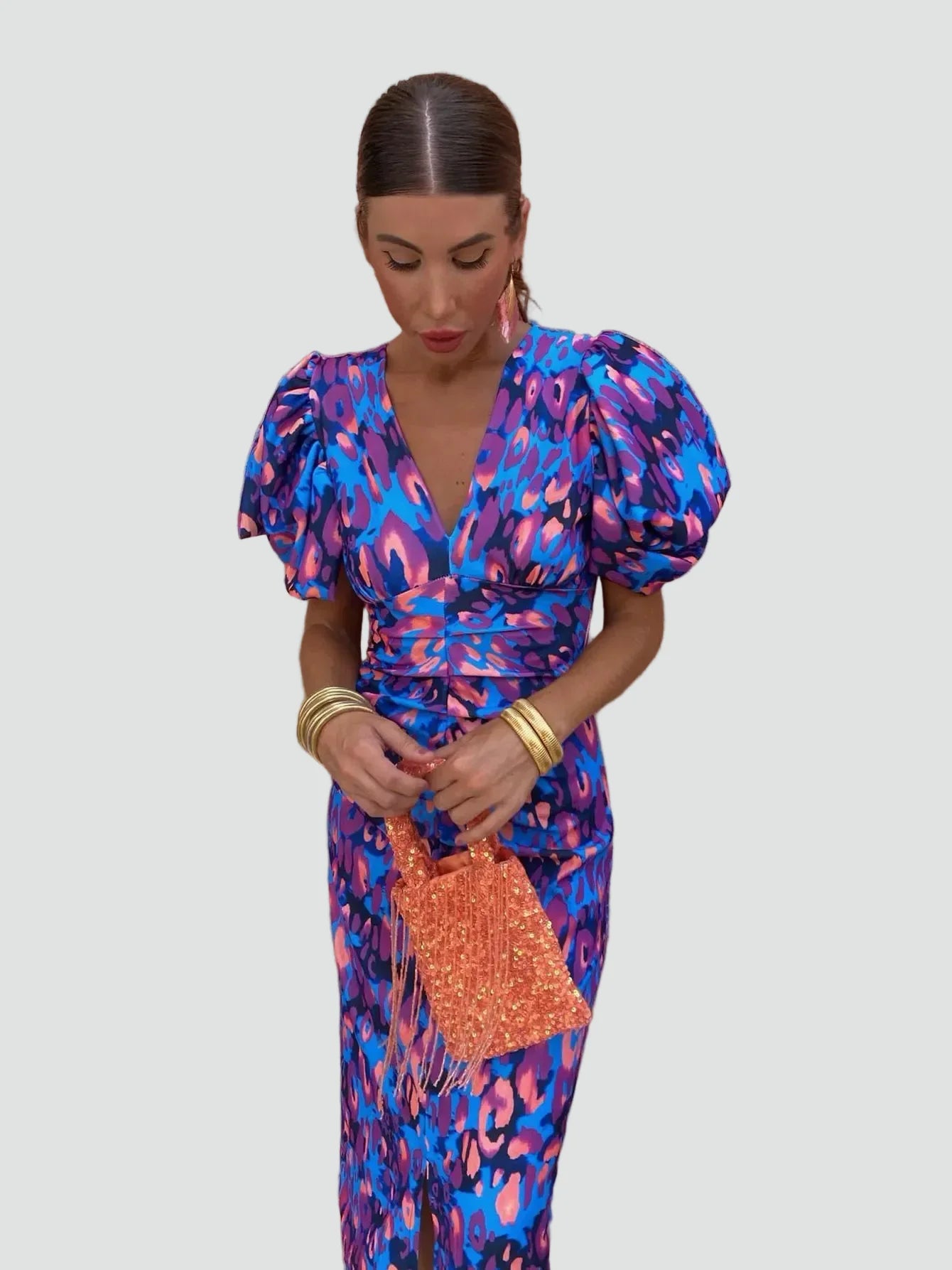 Puff Sleeve Deep V-Neck Midi Dress Floral Print