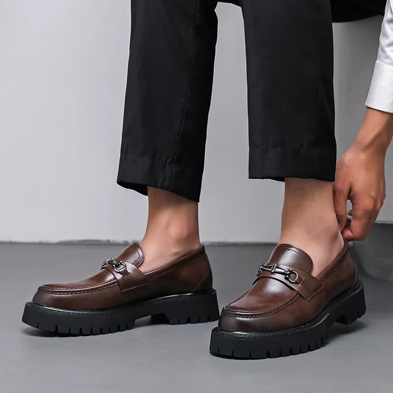 Men's Leather Loafers with Metal Buckle