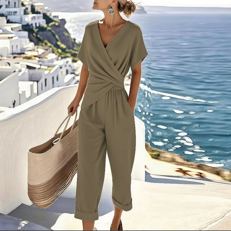 Wrap Front Top and Cropped Trouser Two Piece Set