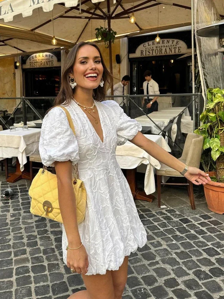 White Embroidered Ruffle Mini Dress