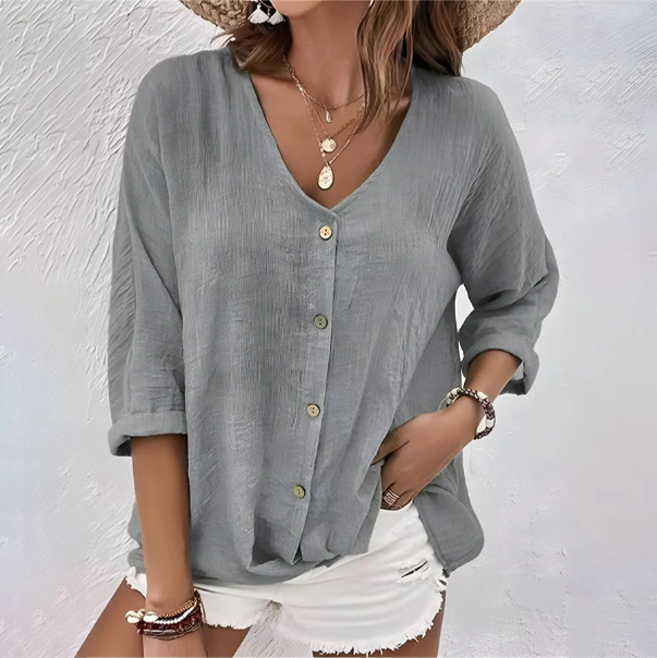 Women's Relaxed V-Neck Roll Sleeve Button Blouse