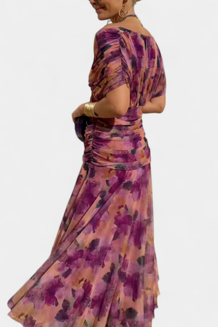 Ruched V-Neck Flowy Maxi Dress