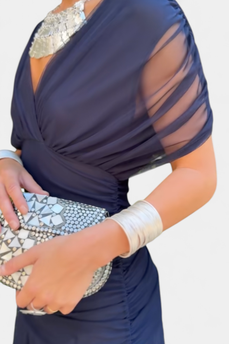 Ruched V-Neck Flowy Maxi Dress