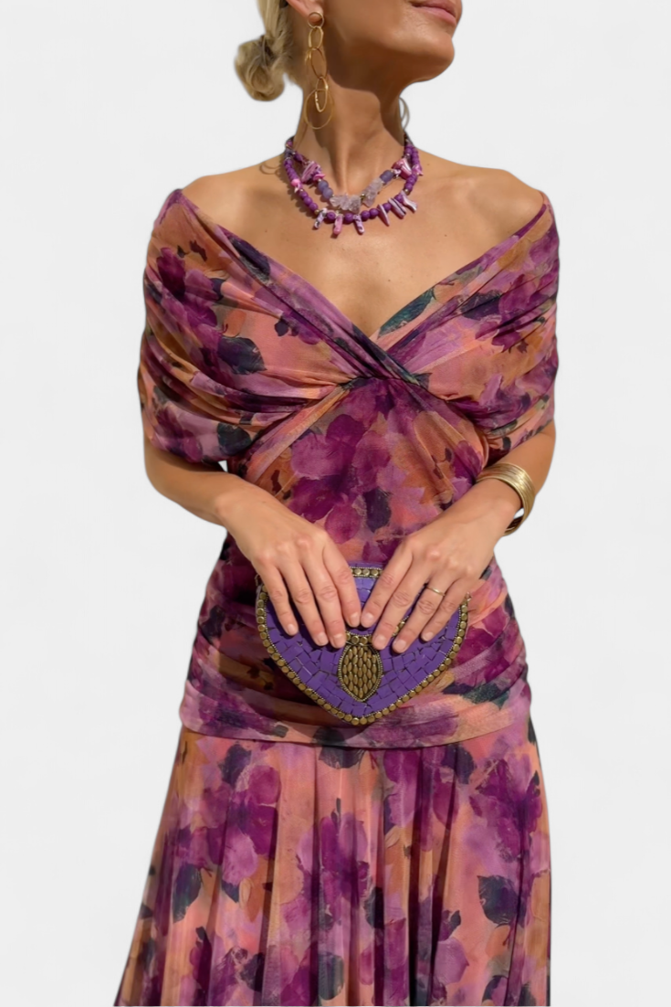 Ruched V-Neck Flowy Maxi Dress