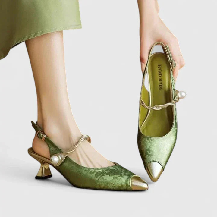 Pearl Strap Block Heel Pumps with Jacquard Texture