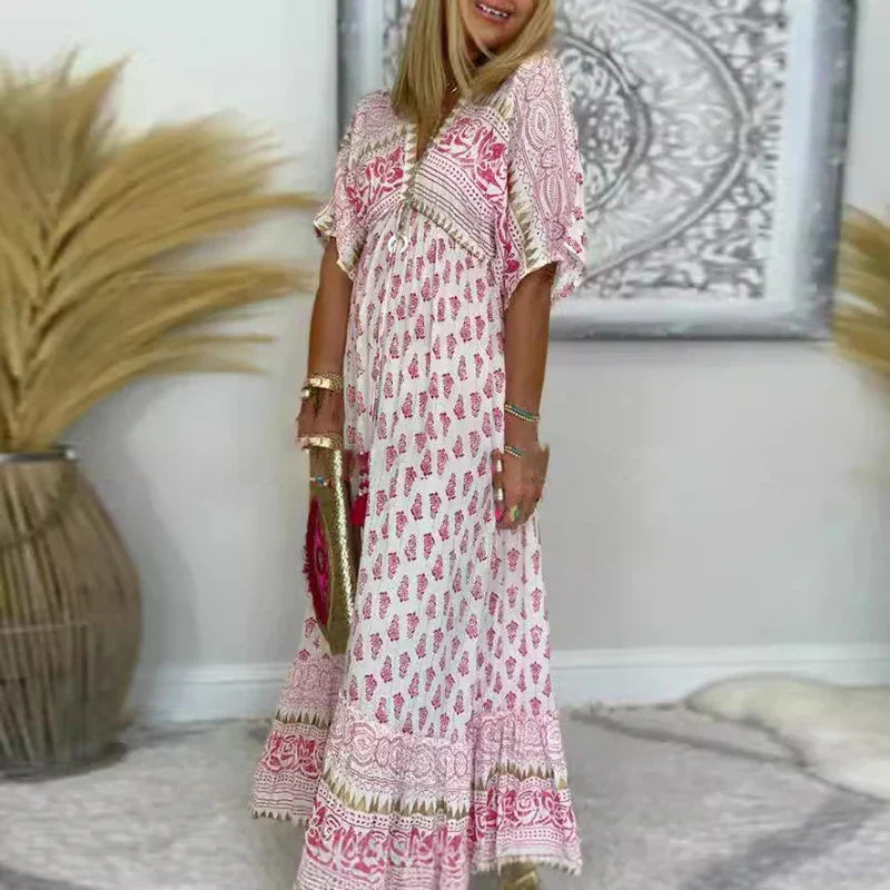 Boho Print Short Sleeve Maxi Dress