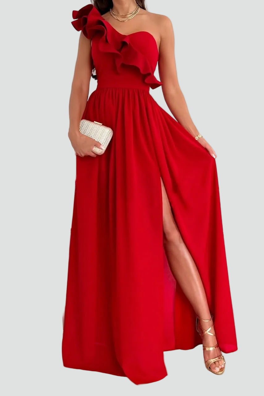 Maxi Evening Dress With One-Shoulder Ruffle and High Slit