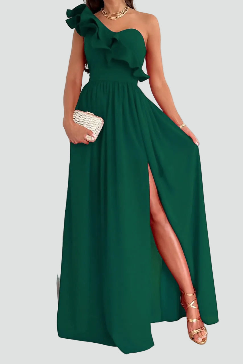 Maxi Evening Dress With One-Shoulder Ruffle and High Slit