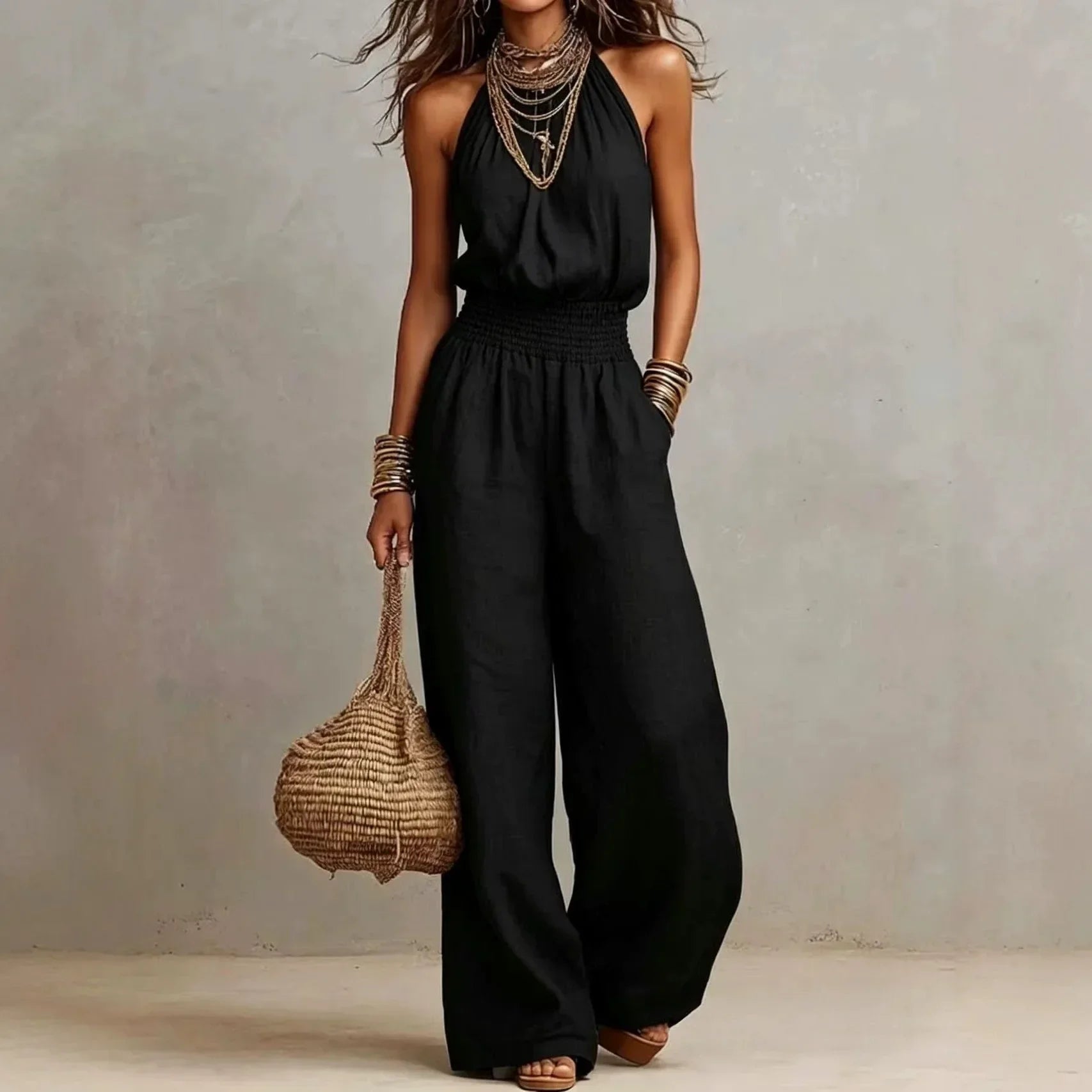 Flowing Wide Leg Halter Jumpsuit