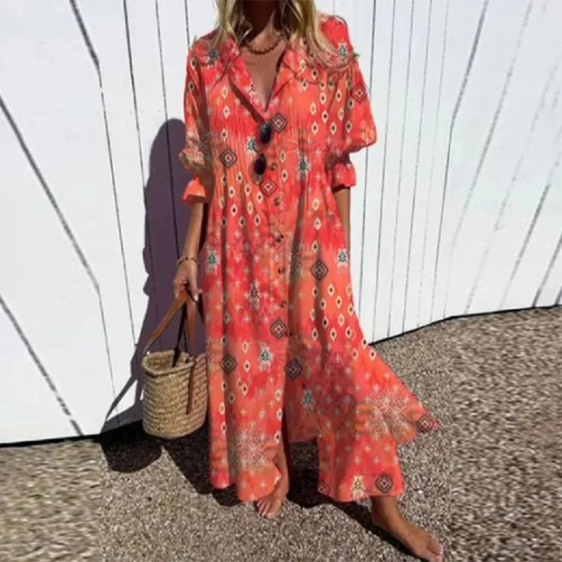 Floral V-Neck Maxi Dress With Long Sleeves
