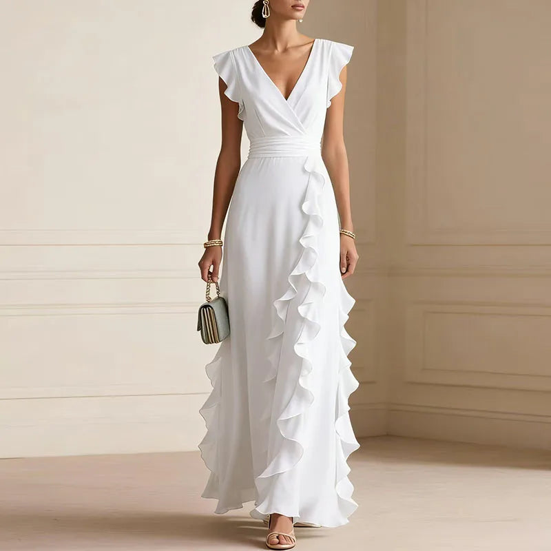 Deep V-Neck Ruffle Trim Maxi Dress
