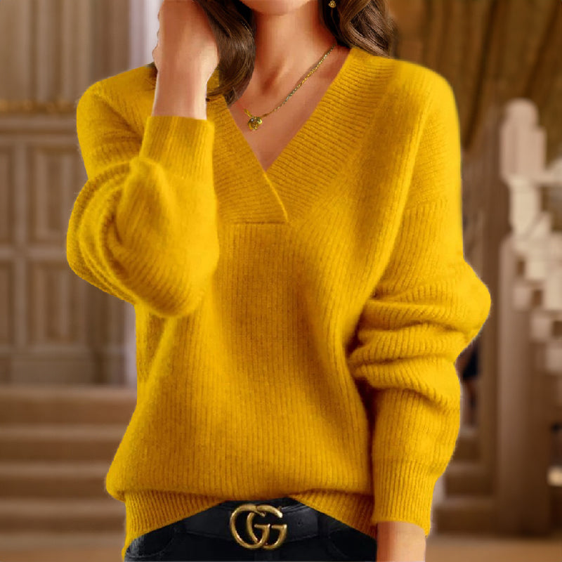Elegant V-Neck Ribbed Knit Sweater