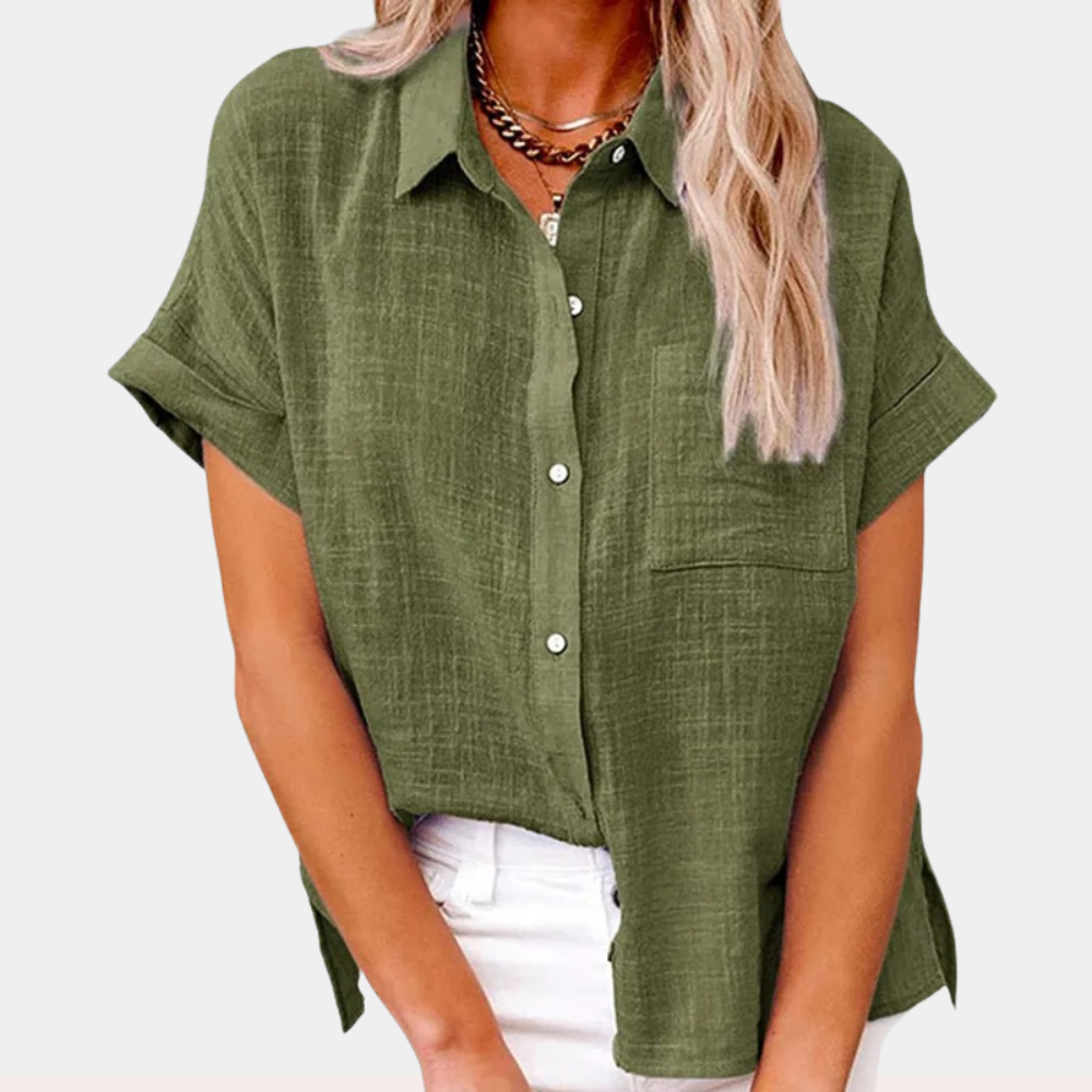 Loose Fit Cotton-Linen Short Sleeve Blouse