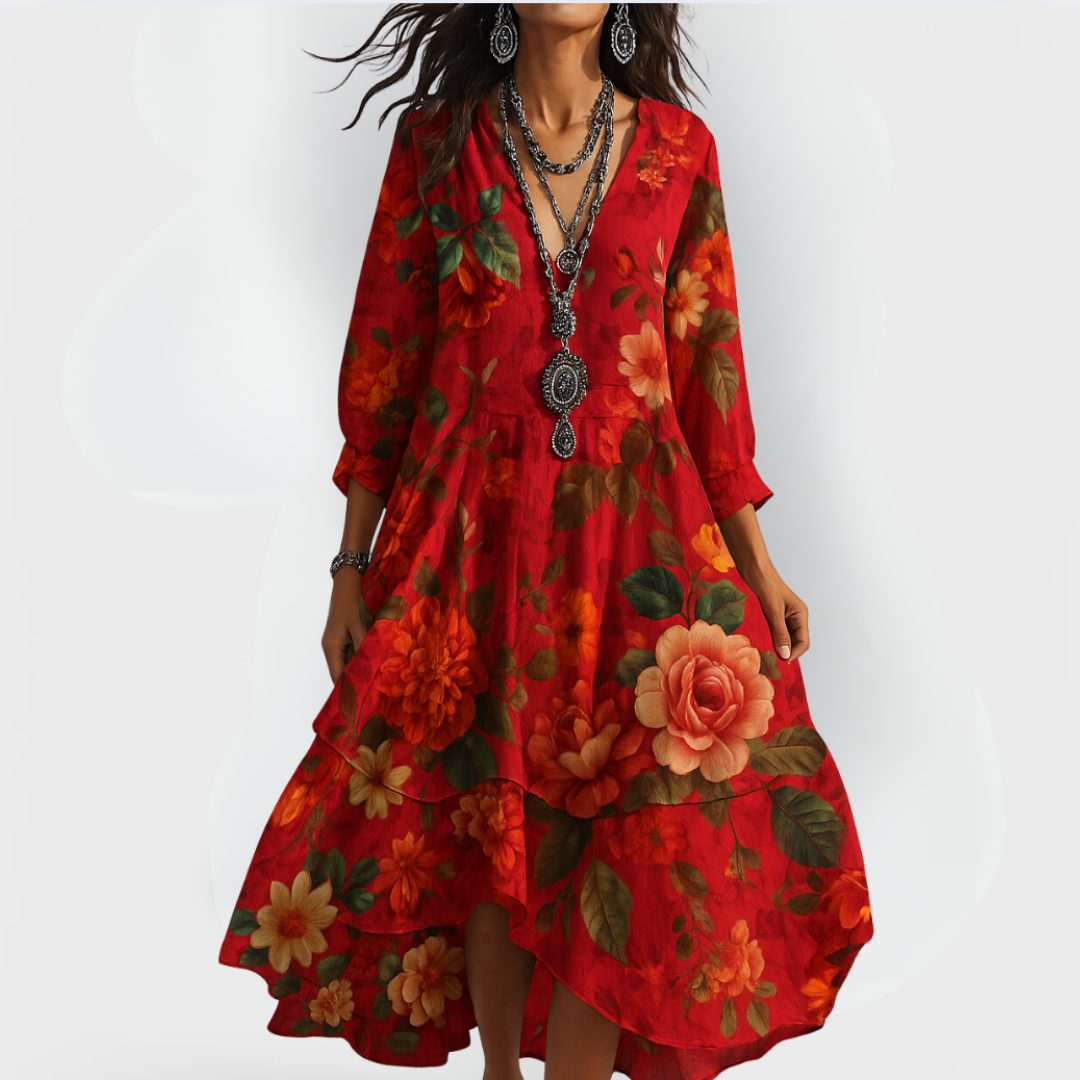 Floral Print Tiered Midi Dress V-Neck Three-Quarter Sleeve