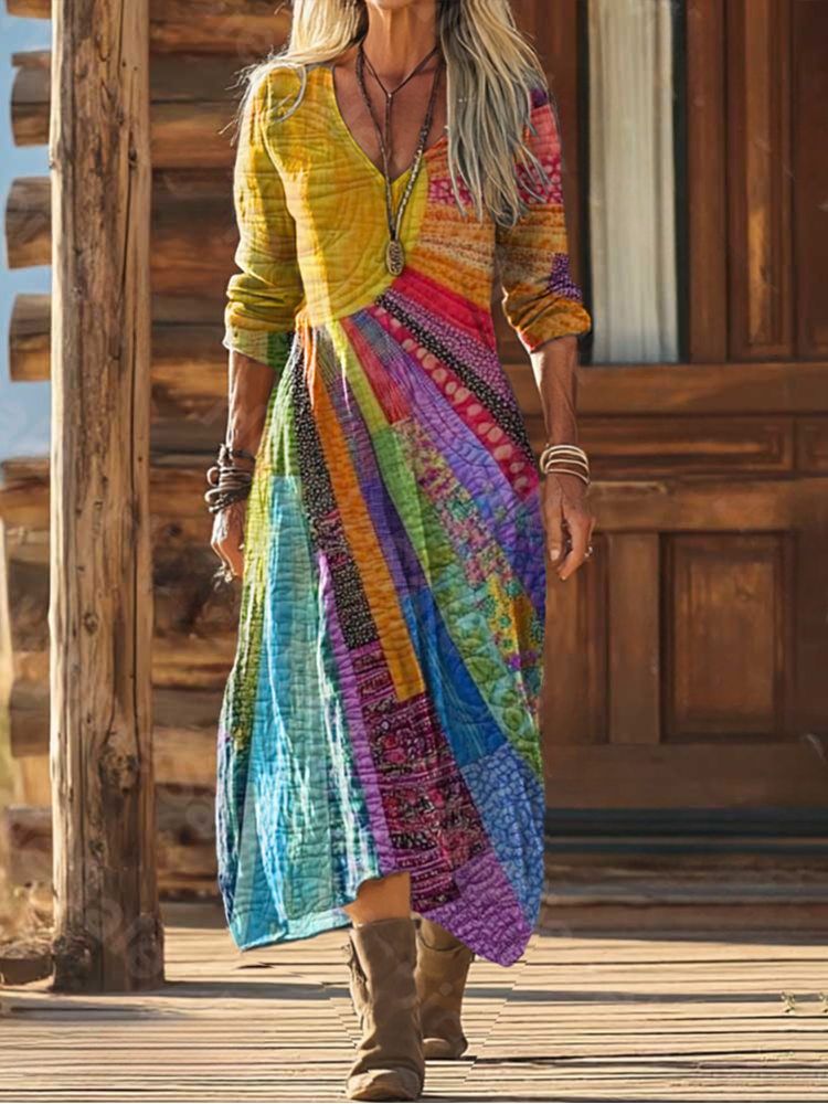 Boho V-Neck Sun Print Maxi Dress