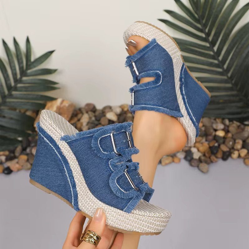 Women's Frayed Denim Double Buckle Wedge Slides