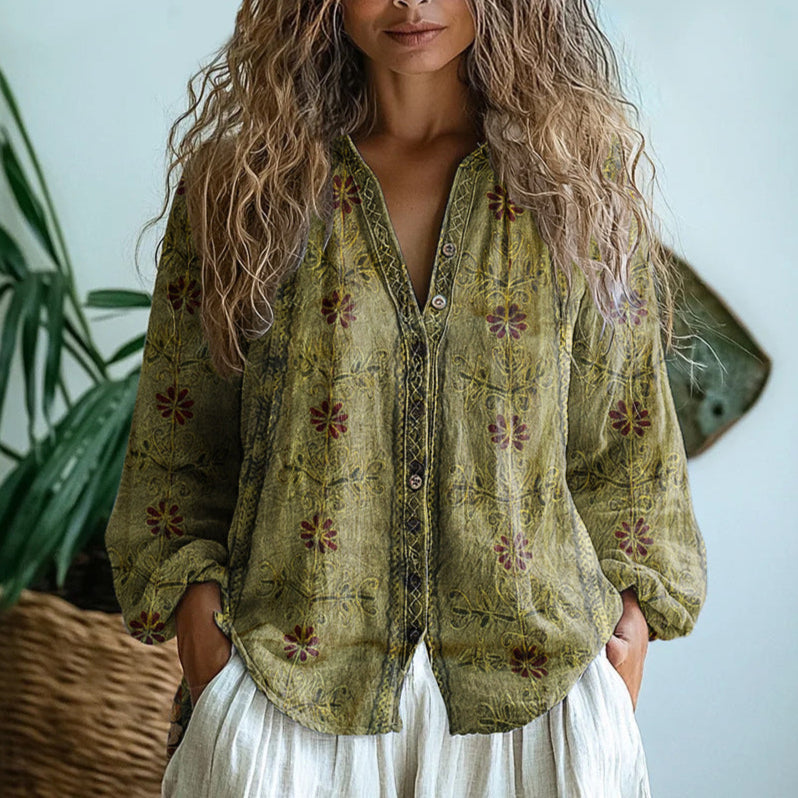 Printed V-Neck Long Sleeve Relaxed Fit Blouse