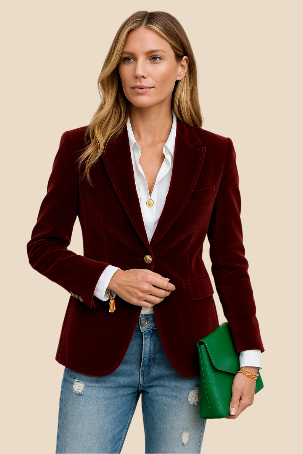 Velvet Blazer for Women – Burgundy with Gold Buttons