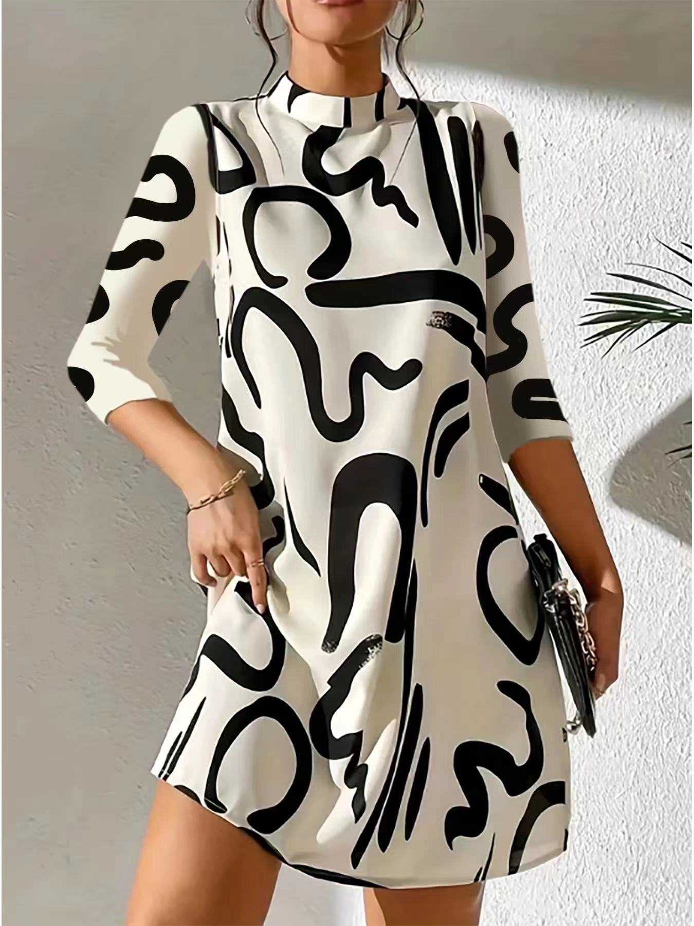 Round Neck Three Quarter Sleeve Mini Dress