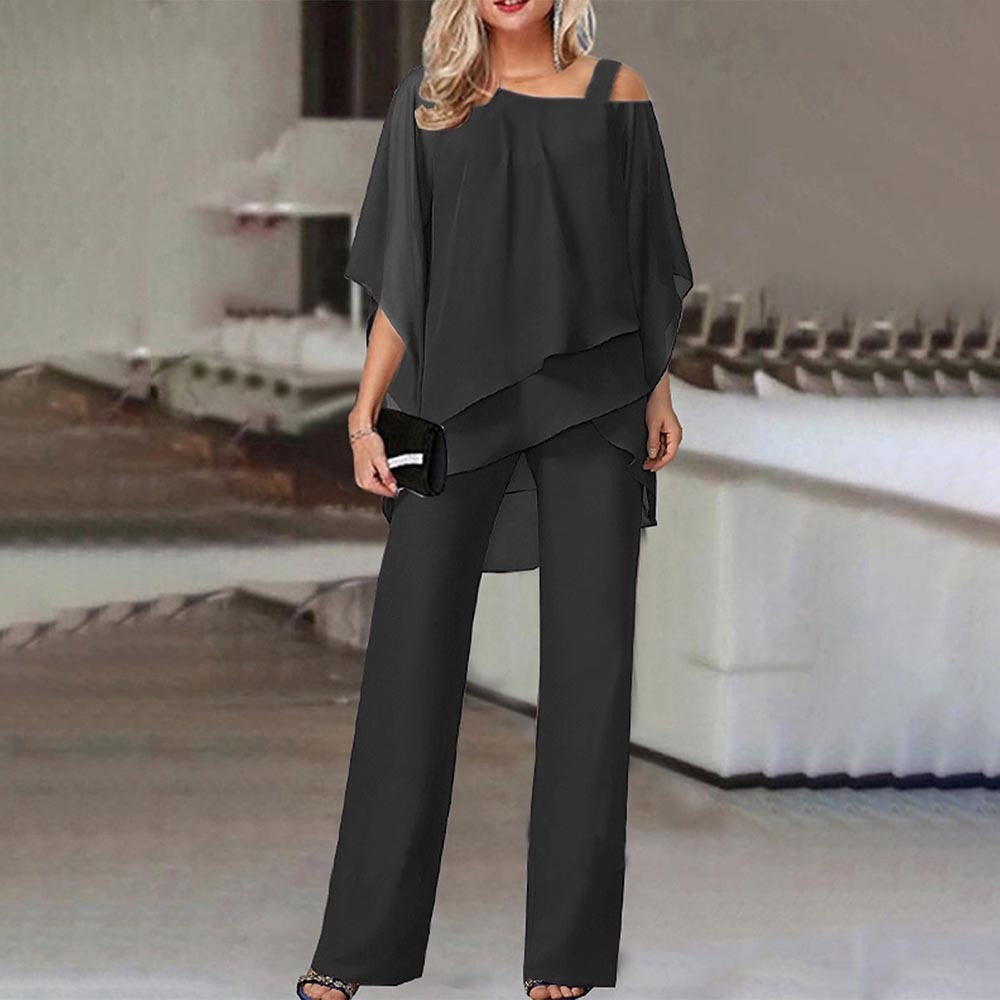 Women's Cold Shoulder Two-Piece Set With Wide-Leg Trousers