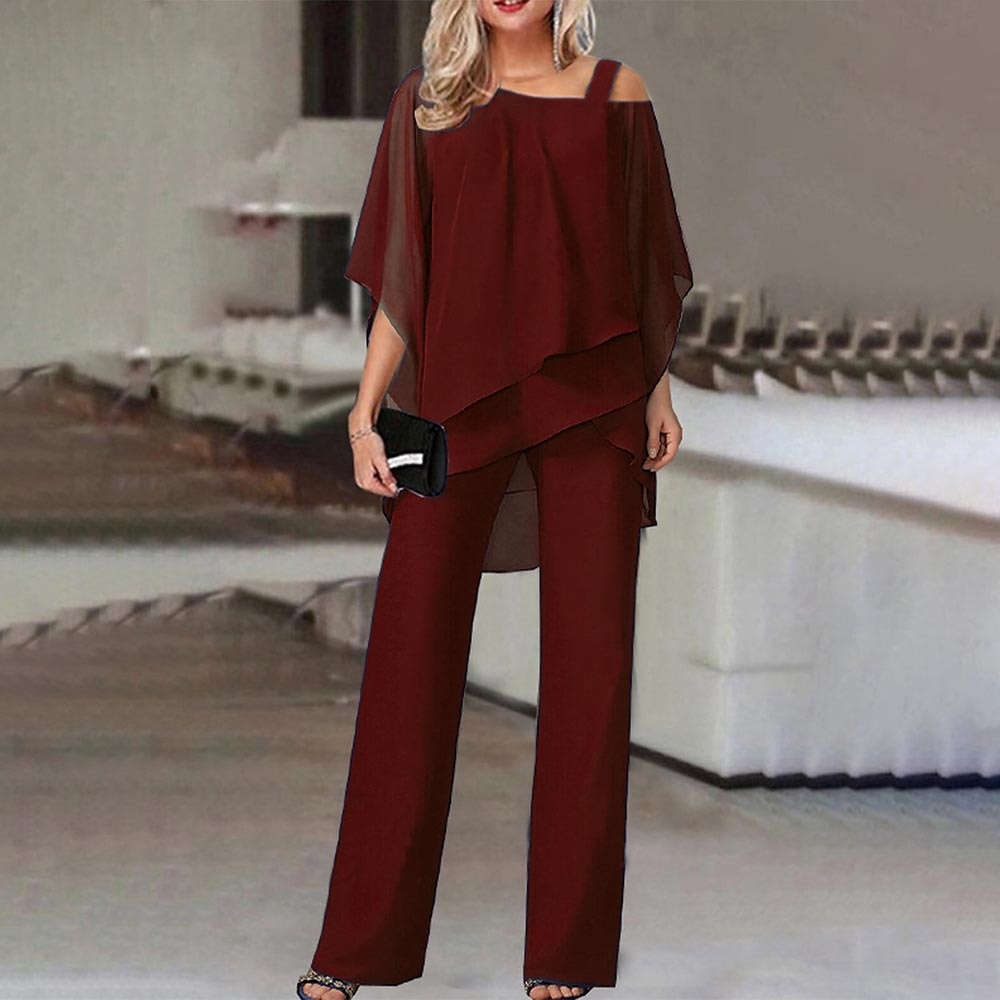 Women's Cold Shoulder Two-Piece Set With Wide-Leg Trousers