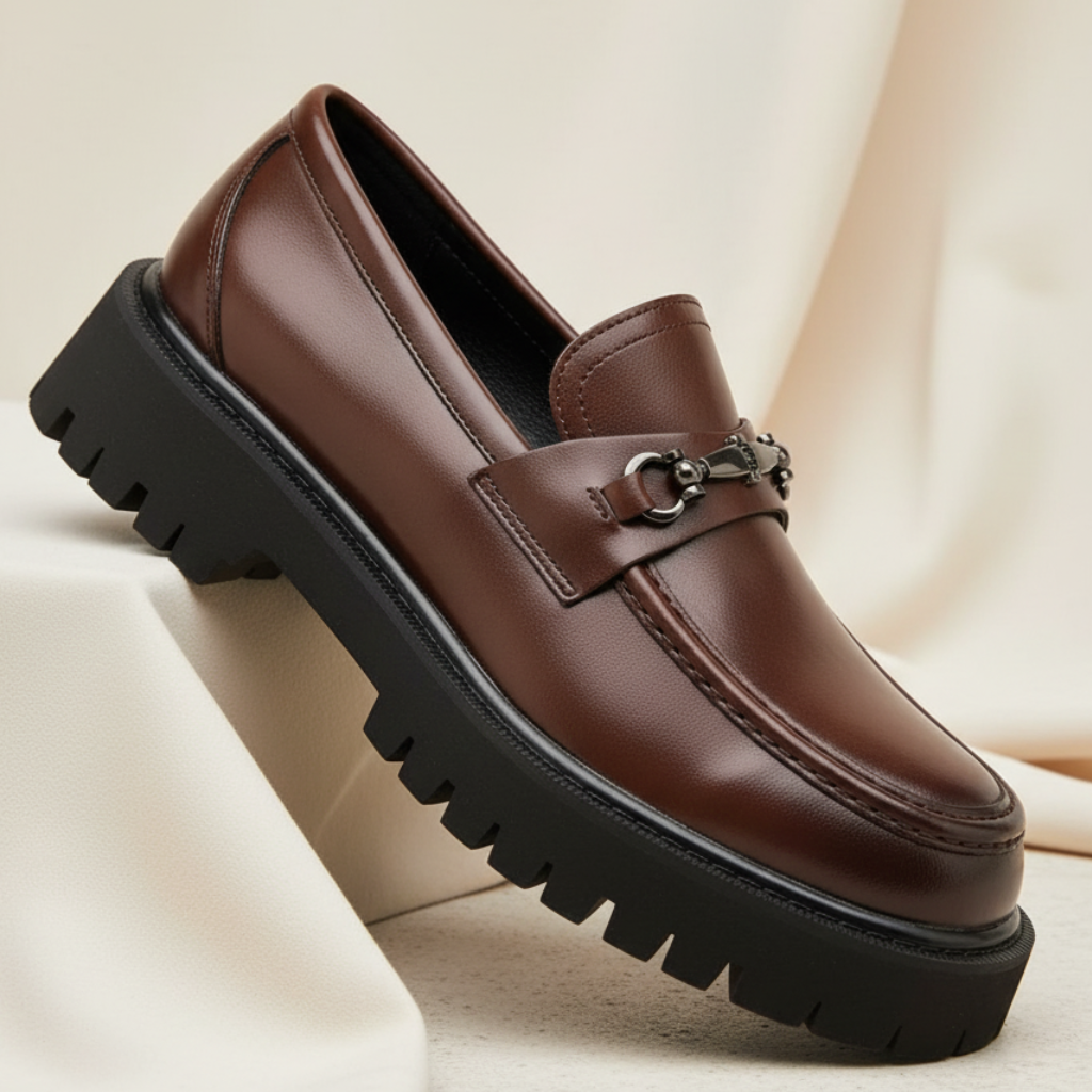 Men's Leather Loafers with Metal Buckle