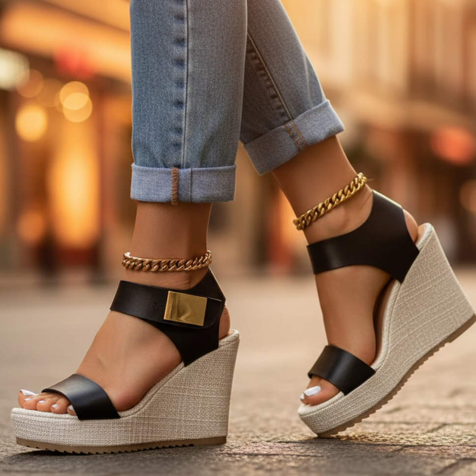 Colorblock Platform Wedge Sandals with Ankle Strap