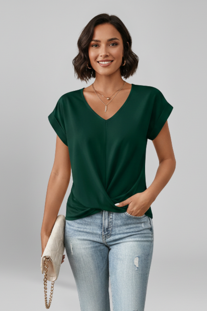V-Neck Short Sleeve Blouse with Relaxed Fit