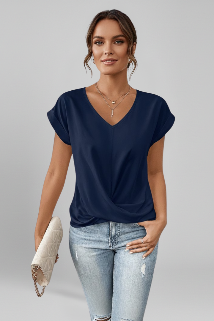 V-Neck Short Sleeve Blouse with Relaxed Fit