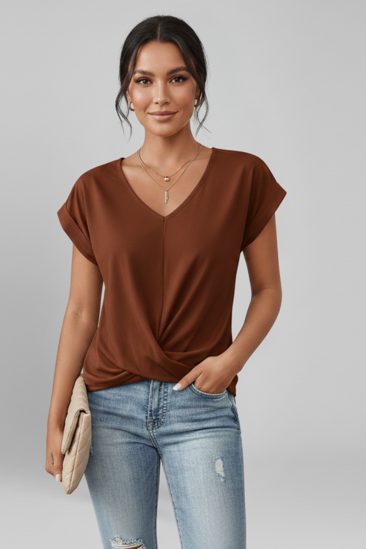V-Neck Short Sleeve Blouse with Relaxed Fit
