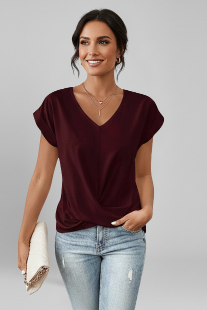 V-Neck Short Sleeve Blouse with Relaxed Fit