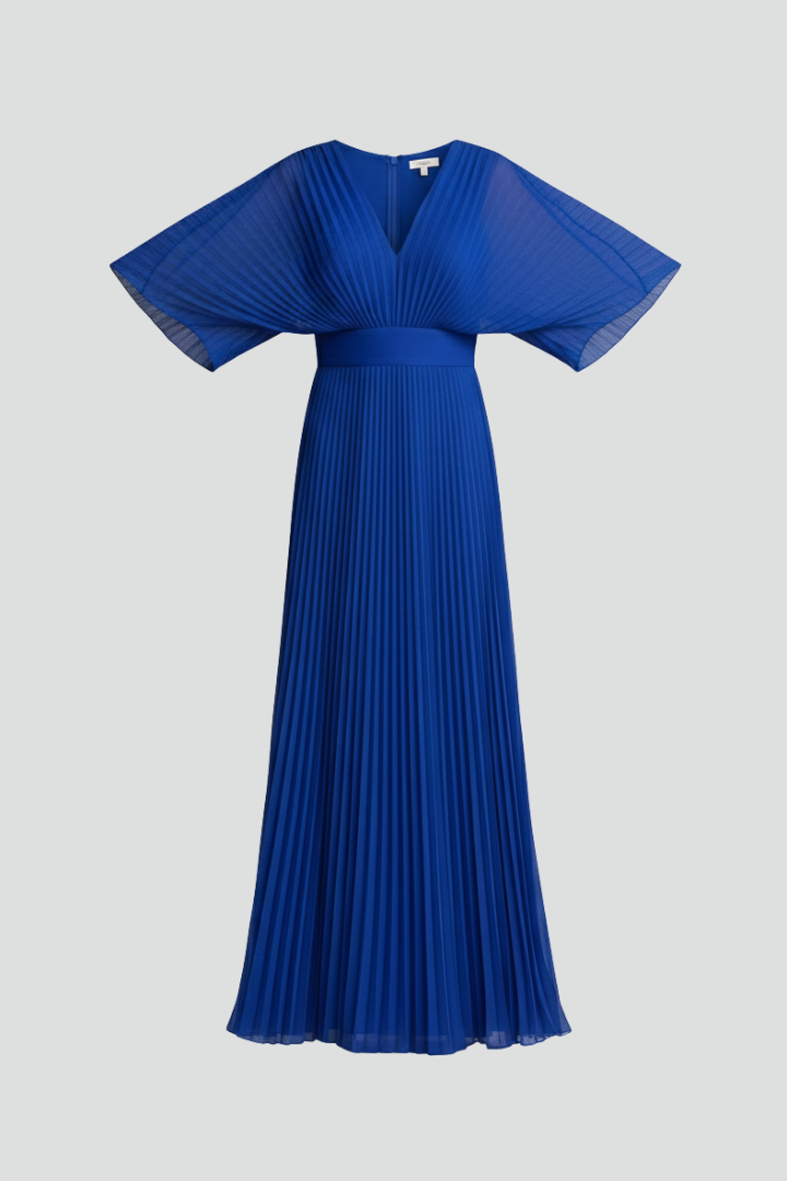 V-Neck Maxi Dress with Long Sleeves and Pleated Skirt
