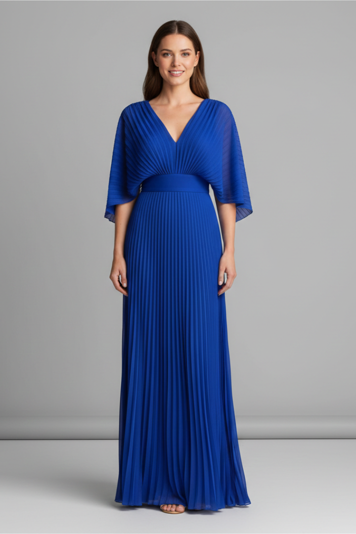 V-Neck Maxi Dress with Long Sleeves and Pleated Skirt
