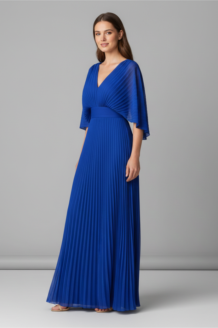 V-Neck Maxi Dress with Long Sleeves and Pleated Skirt