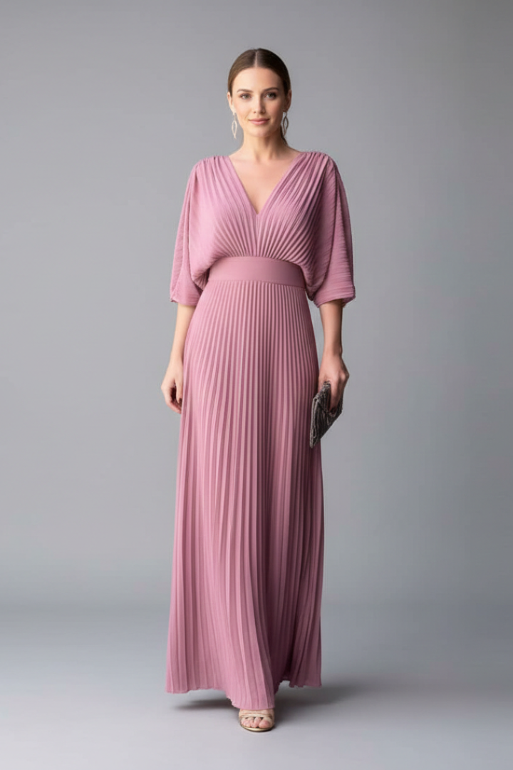V-Neck Maxi Dress with Long Sleeves and Pleated Skirt