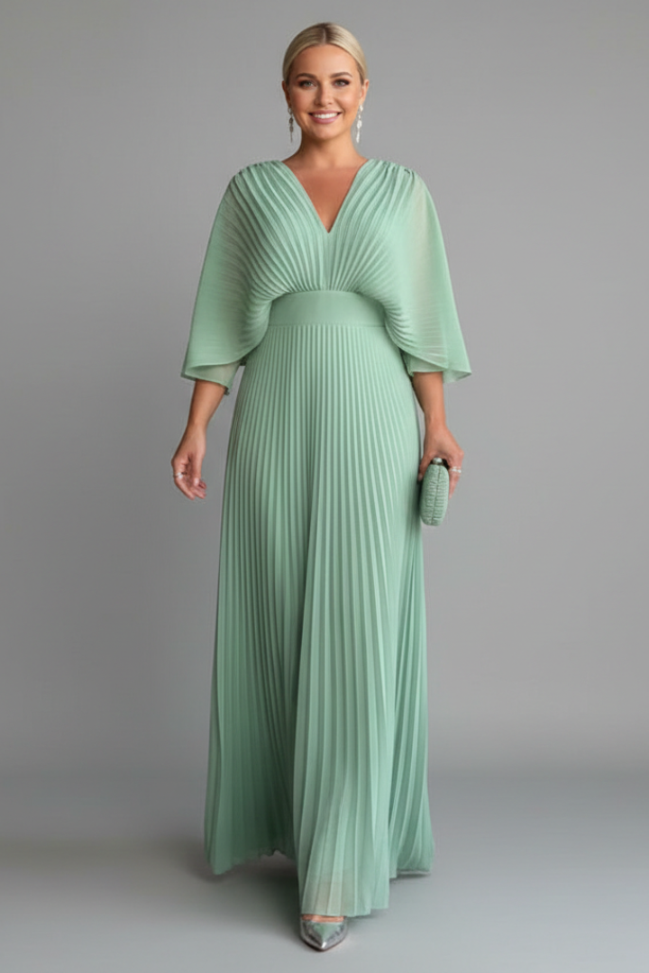 V-Neck Maxi Dress with Long Sleeves and Pleated Skirt