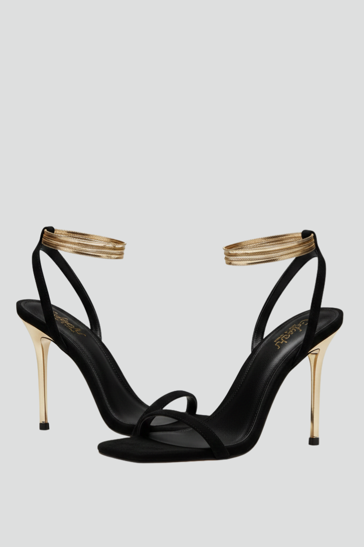 Heeled Sandals with Thin Strap and Ankle Wrap