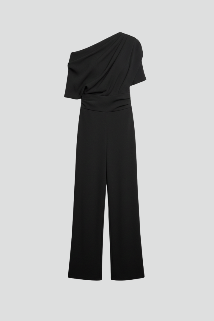 Wide Leg Jumpsuit With Asymmetric Neckline and Long Sleeves