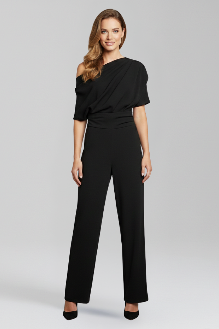 Wide Leg Jumpsuit With Asymmetric Neckline and Long Sleeves