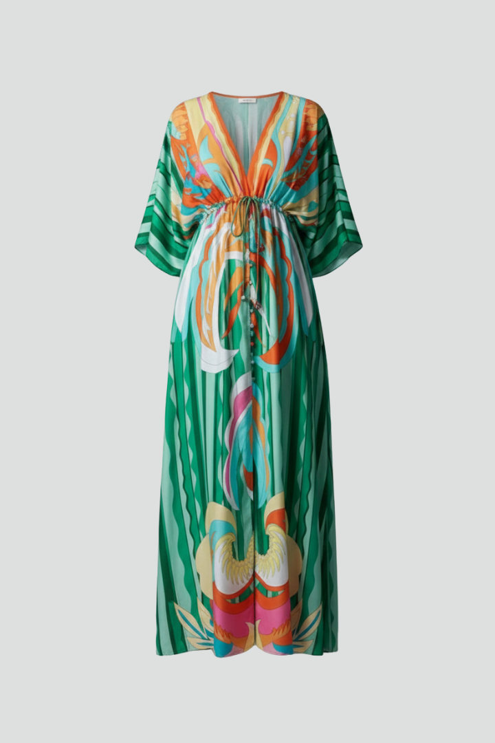 Printed Maxi Dress With Batwing Sleeves and Tie Waist
