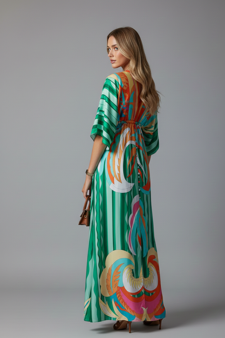 Printed Maxi Dress With Batwing Sleeves and Tie Waist