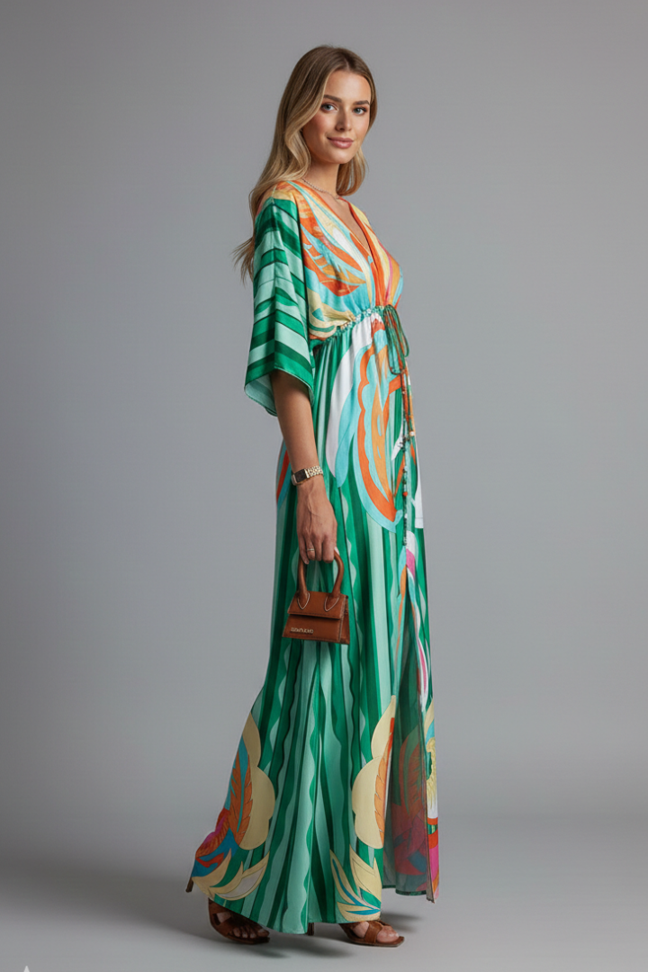 Printed Maxi Dress With Batwing Sleeves and Tie Waist
