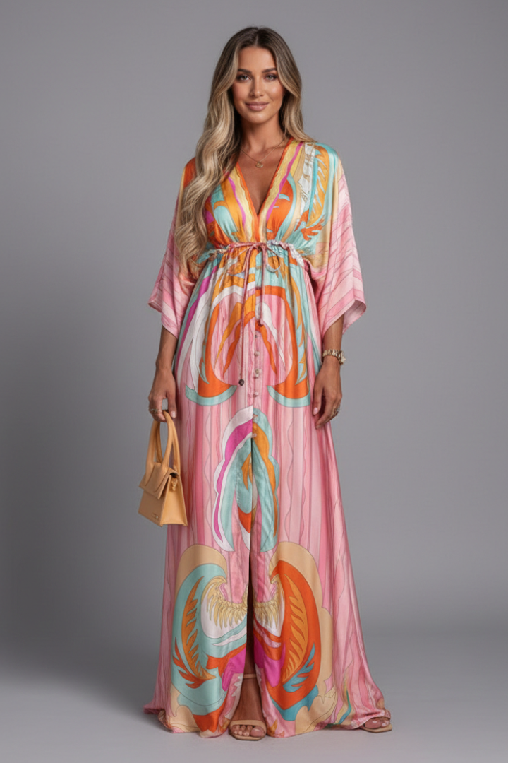 Printed Maxi Dress With Batwing Sleeves and Tie Waist