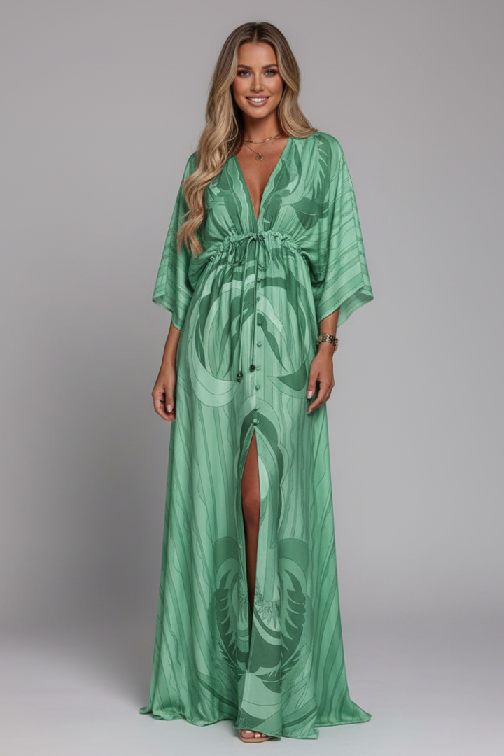 Printed Maxi Dress With Batwing Sleeves and Tie Waist