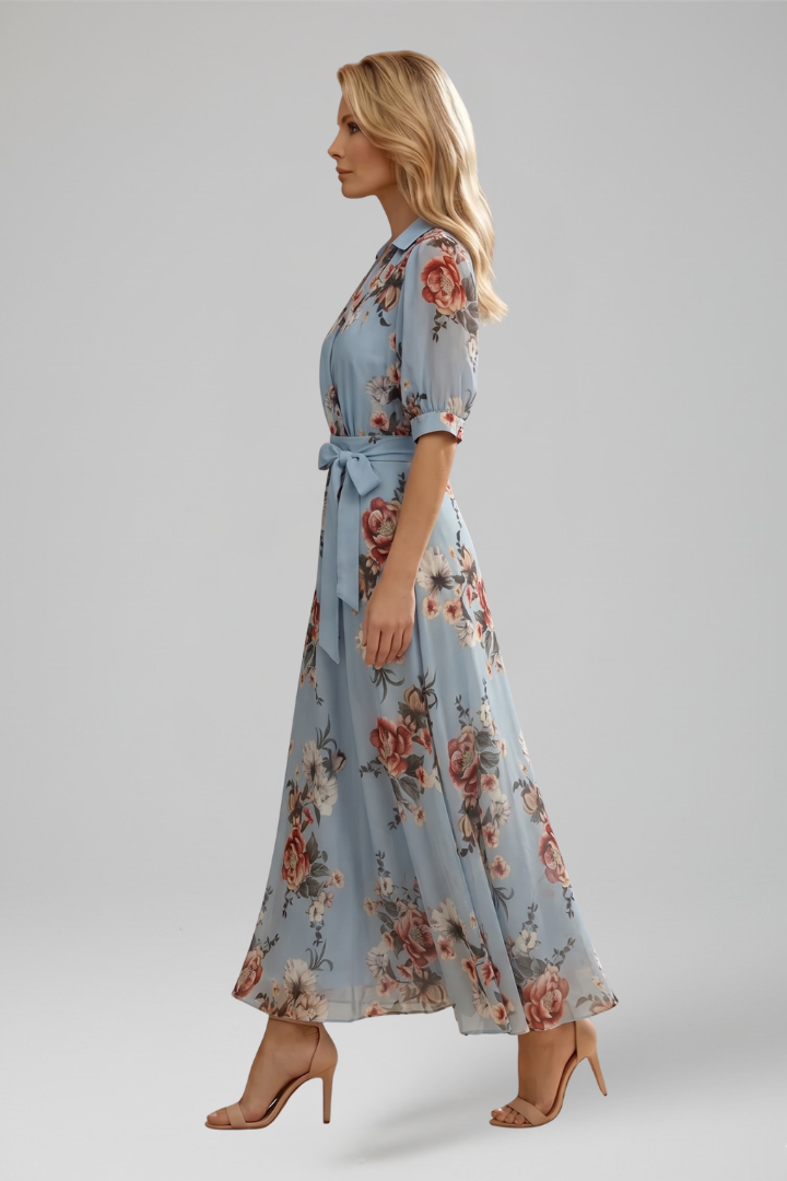 V-Neck Floral Print Midi Dress
