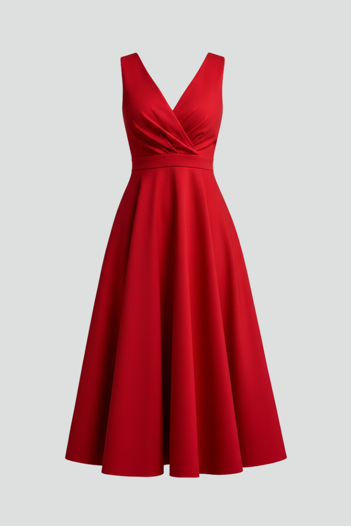 Sleeveless V-Neck Midi Dress with Back Zip and A-Line Skirt
